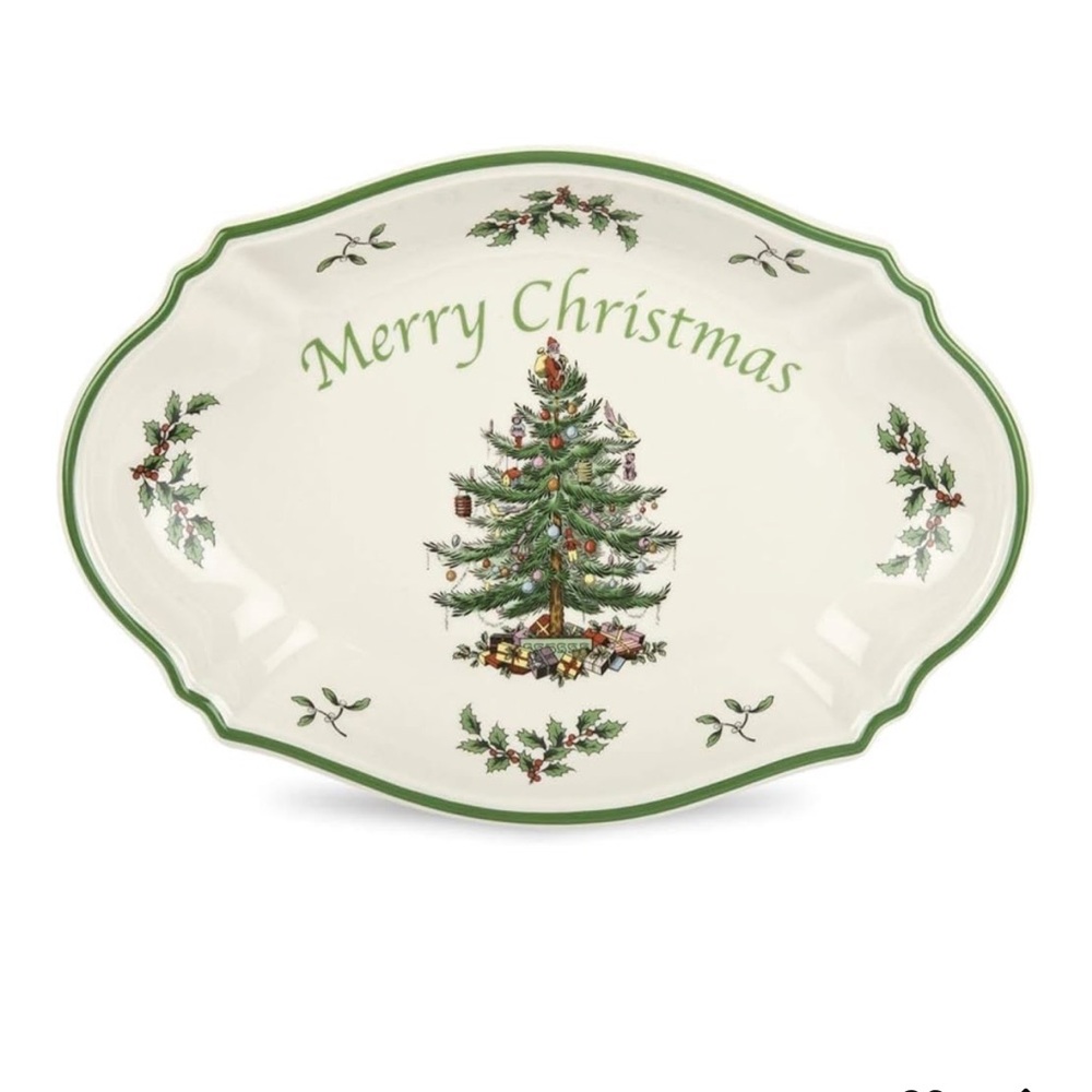Spode Festive Christmas Tree Tray - Green and Cream